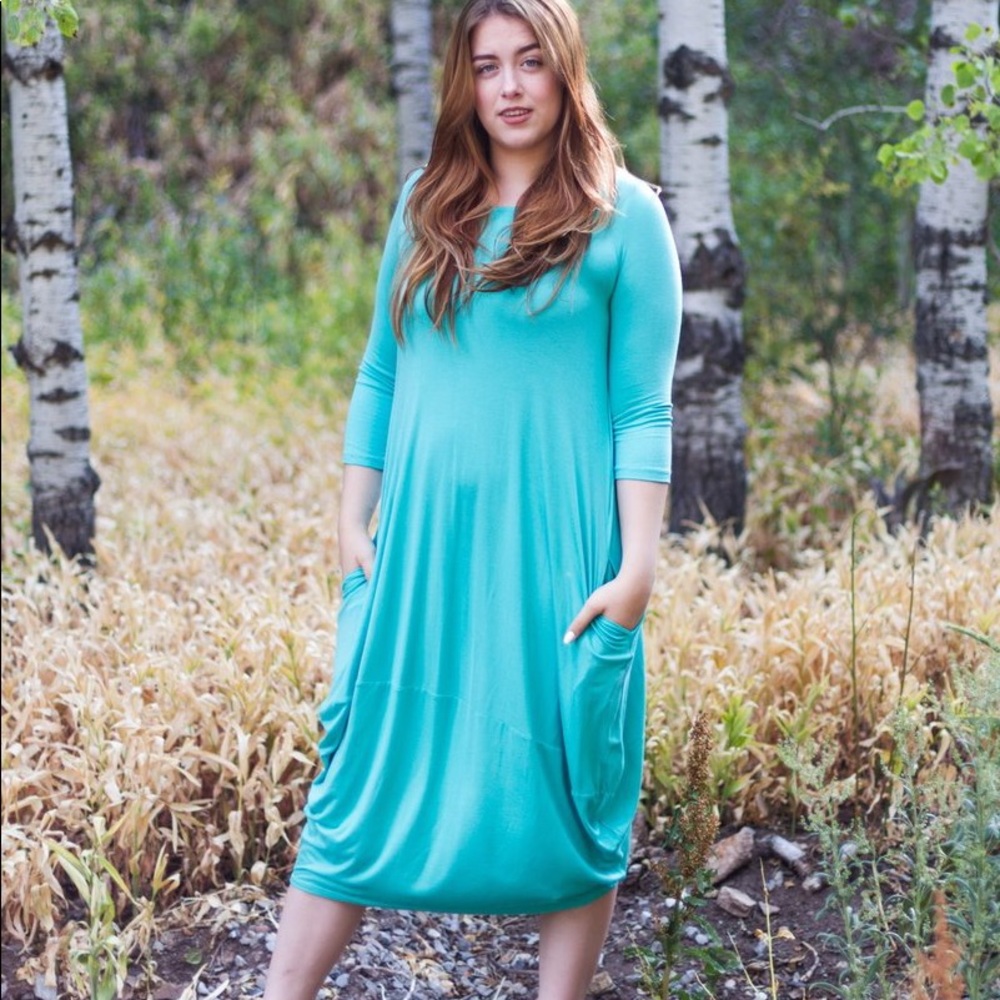 Aqua Bubble Hem Dress with Pockets